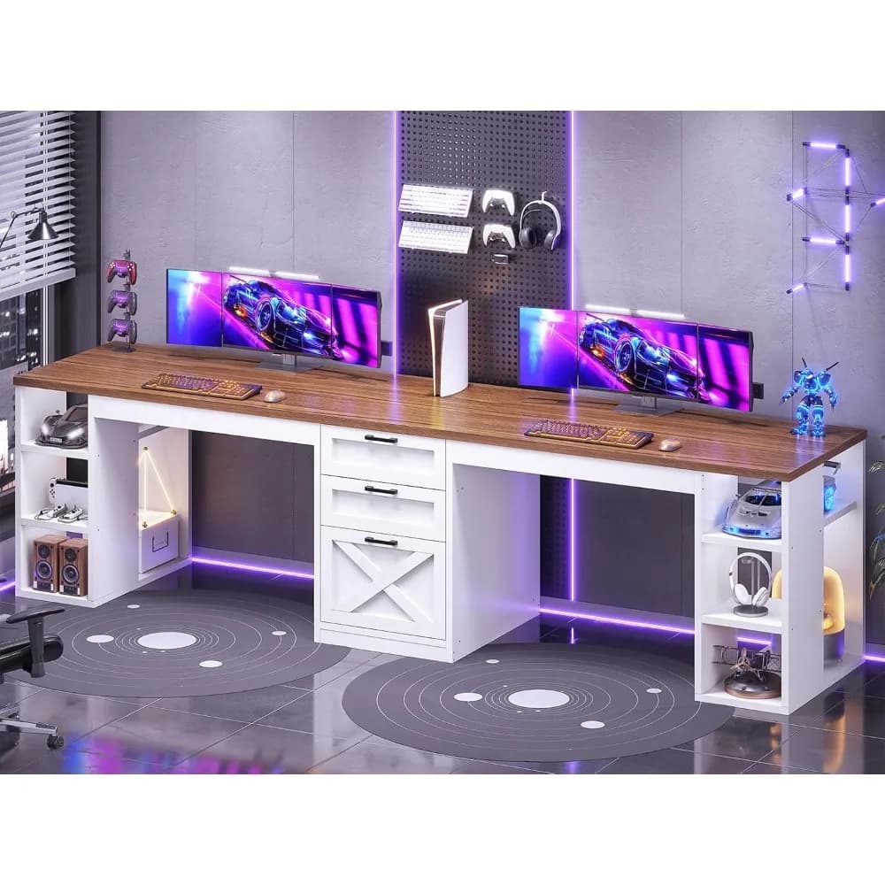 Scrivania per Computer da 96,5 Pollici con Cassetti, Scrivania per Ufficio Domestico per 2 Persone, Scrivania Doppia da Gaming con Ripiani Portaoggetti, Lunga per Due Persone