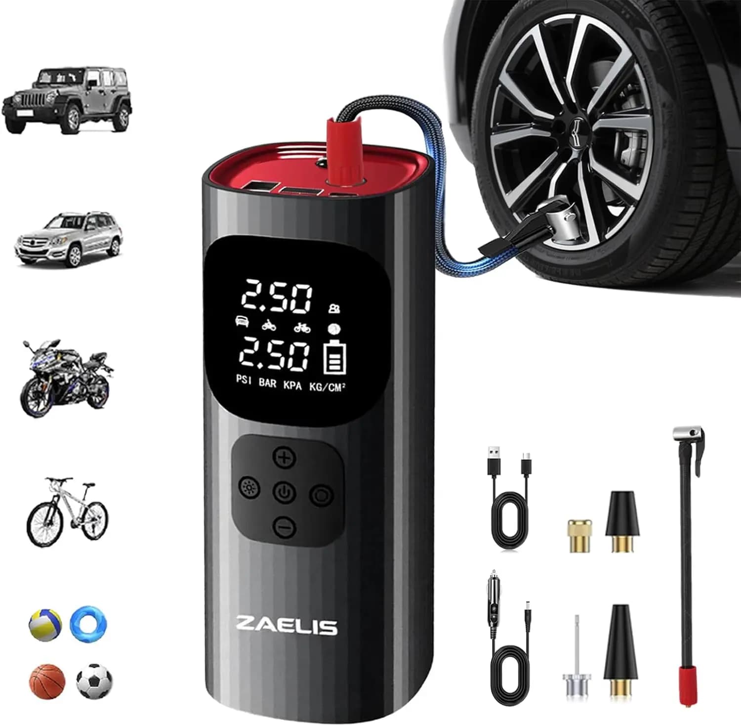 Gonfiatore portatile per pneumatici 3X Pompa ad aria più veloce 150PSI 12V DC Cordless con luce LED e indicatore digitale