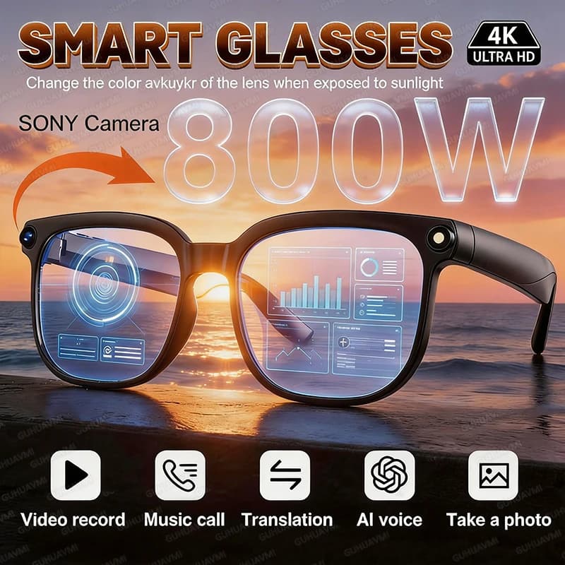 Smart 2026 Glasses Updated with 800W Camera, HD Video Recording, AI Photo Recognition, Vocal Calls and Translation - Man Sunglasses