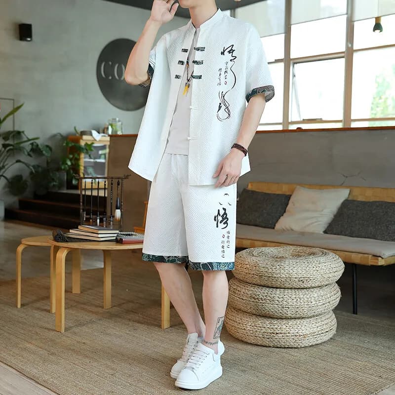 Men's Fashion Two-piece set man short sleeve Cotton print Sportswear Male Casual Chinese style Shirts + Pants 2025 summer