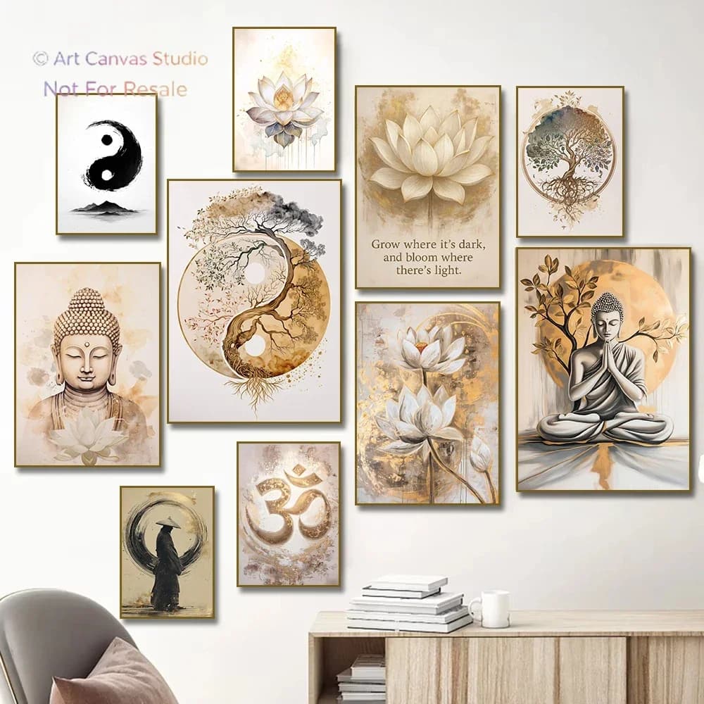 Boho Tree of Life, Buddha and Lotus Flower Enso Zen Poster Canvas Painting Print Wall Art Living Room Home Meditation Decorat