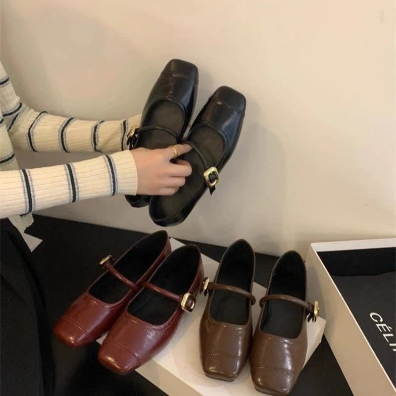 Scarpe basse da donna con fibbia singola, in pelle ultra fine, alla moda, slip-on casual, tinta unita, suola in gomma antiscivolo, eleganti