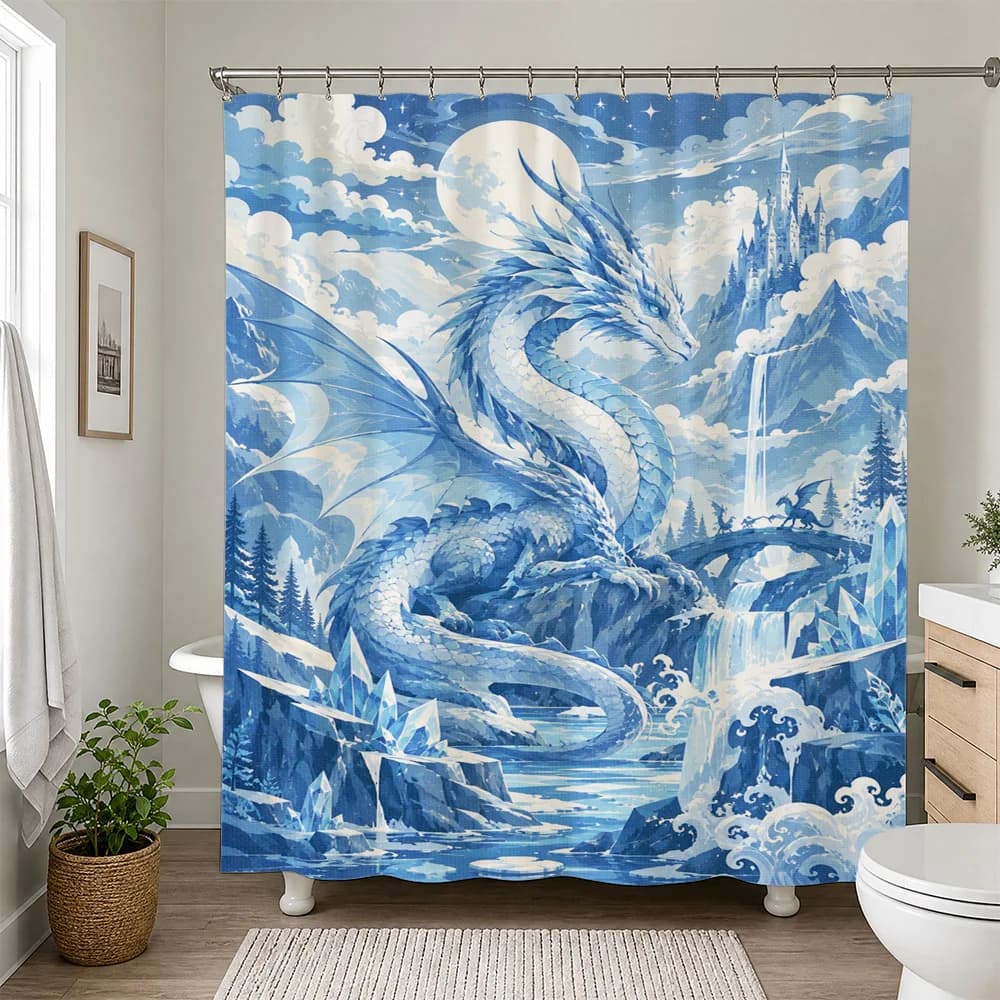 Epic Blue Dragon Waterfall Shower Curtain Bathroom Decor Fantasy Mythical Creature Waterproof Shower Curtain Liner