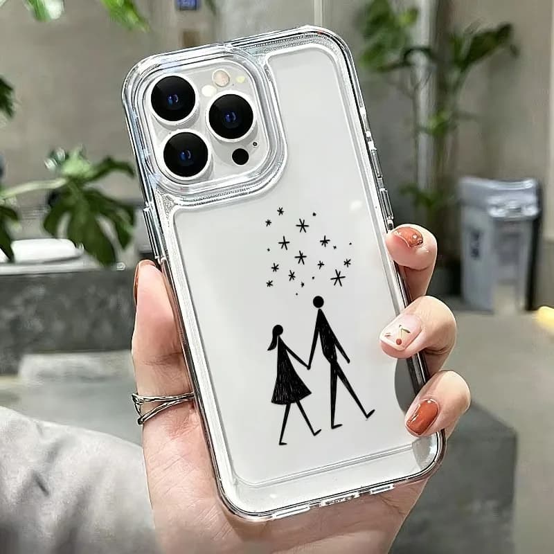 Minimal Couple Star Silhouette Clear Shockproof Case, Romantic Hand Sketch Cover Fit iPhone 11-17 Pro Max/XS/X/Plus