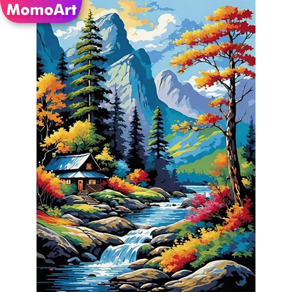 Momoart Nuovo Arrivo Pittura Diamantata Mosaico Diamantato Montagna Fiume Albero Paesaggio Fai da Te Ricamo a Punto Croce Arte Murale per la Casa