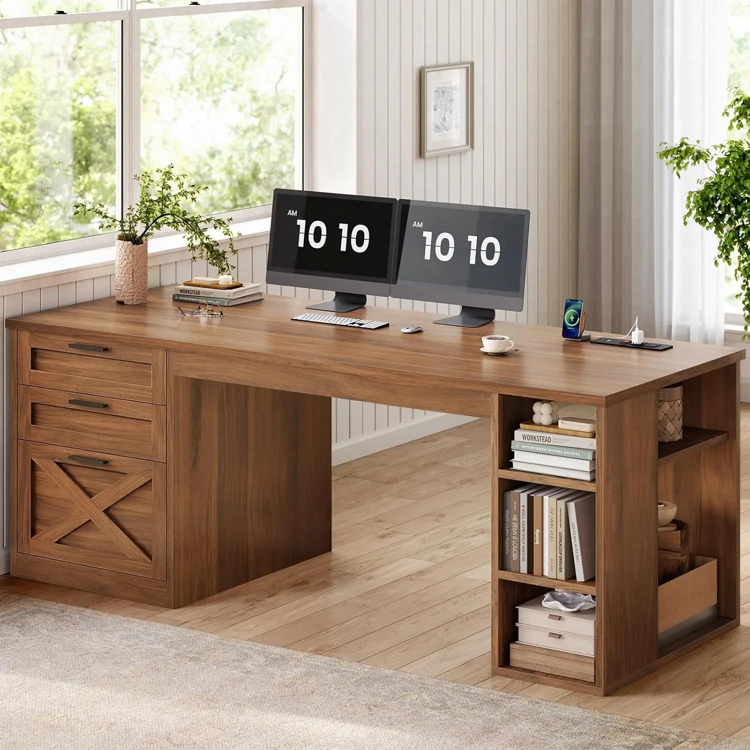 Scrivania Direzionale da 140 cm con 3 Cassetti, Scrivania per Computer Stile Rustico con Cassetto Portadocumenti e Ripiani, per Ufficio Domestico, Personalizzabile