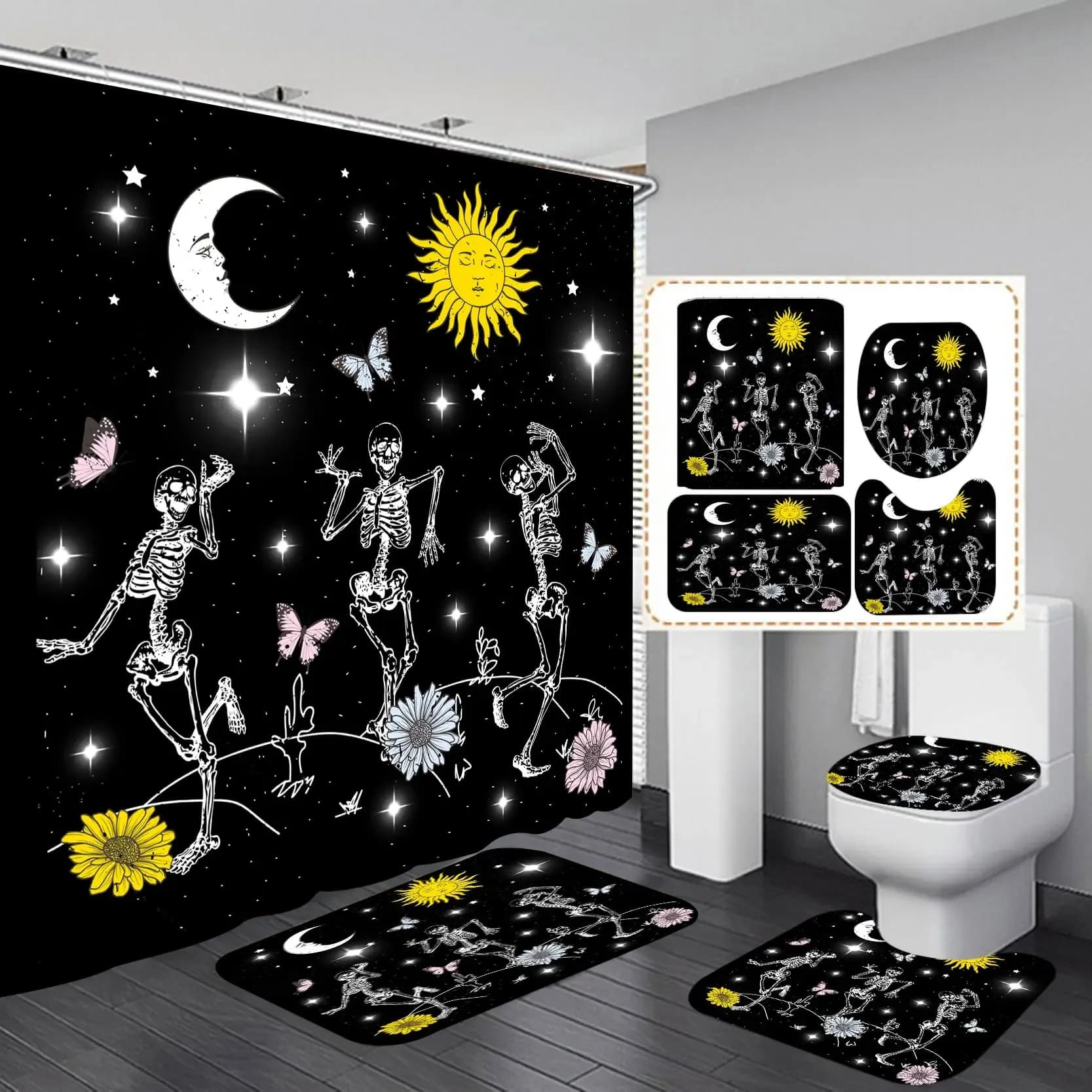 Set di tende da doccia Moonlit con fasi lunari Fiore celeste nero Erbe floreali Ivy Cercato Viti Copriwater Tappetino da bagno Tappeto