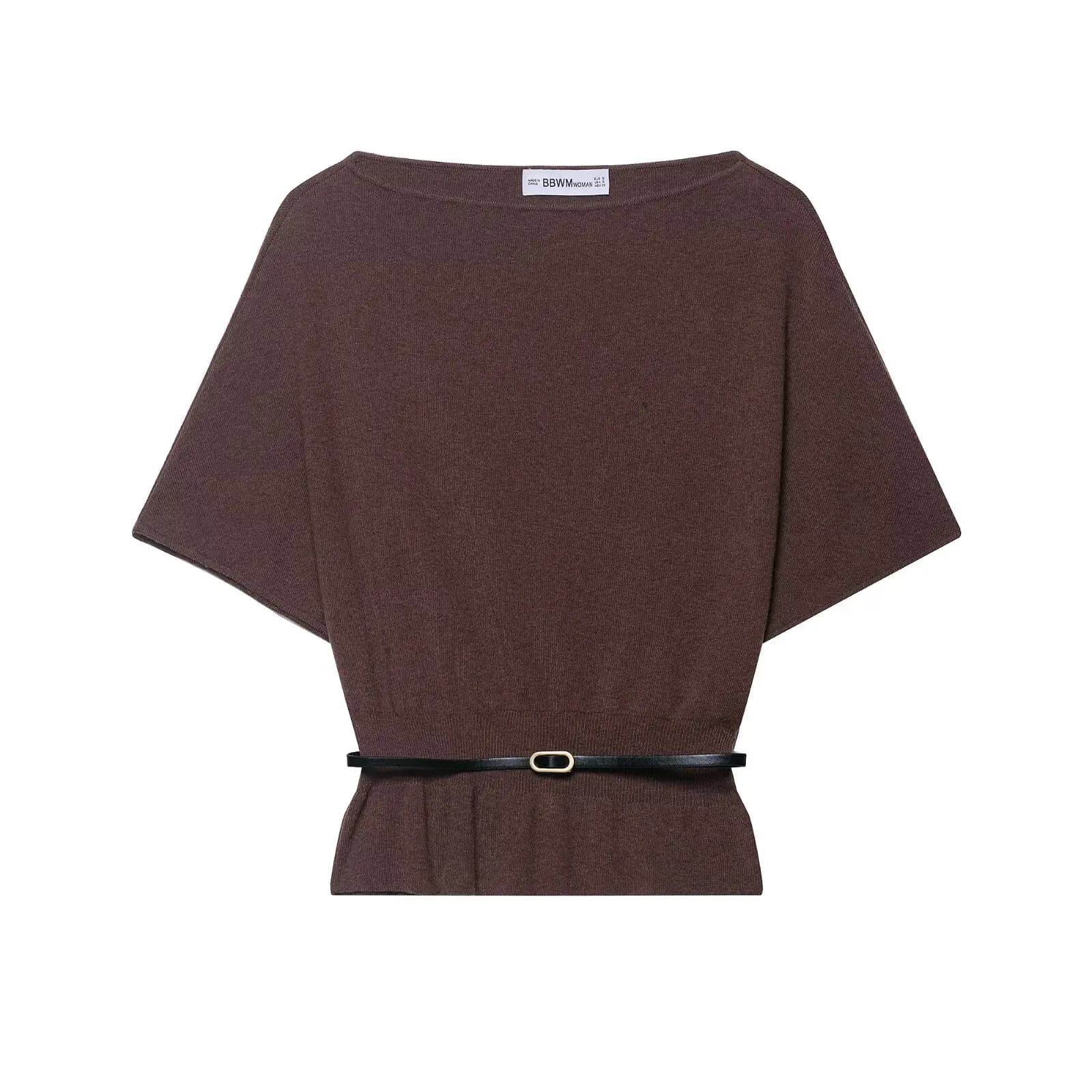 Zevity Women's Sweater 2026 New Fashion Decorative Stratis With Belt Worked Vintage Knit Round Neck Short Pullover Women's Chic