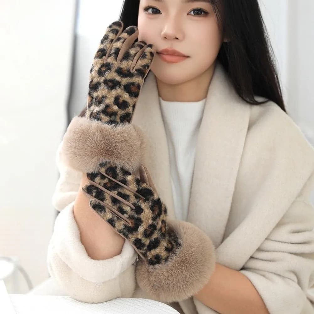 Eleganti Guanti in Velluto con Stampa Leopardata, Antivento, Spessi, Invernali, in Stile Coreano, Caldi per Donne