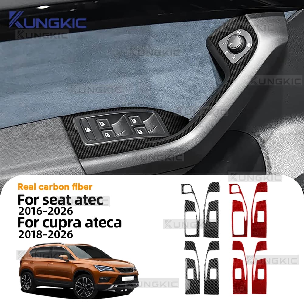 Adesivo in Vera Fibra di Carbonio Morbida per SEAT Ateca 5F 2016 2017 2018 2019 2020 2021 2022 2023 2024 2025 2026 e Cupra Ateca 5F 2018-2026 LHD RHD, Rivestimento per Pulsanti Alzacristalli Auto