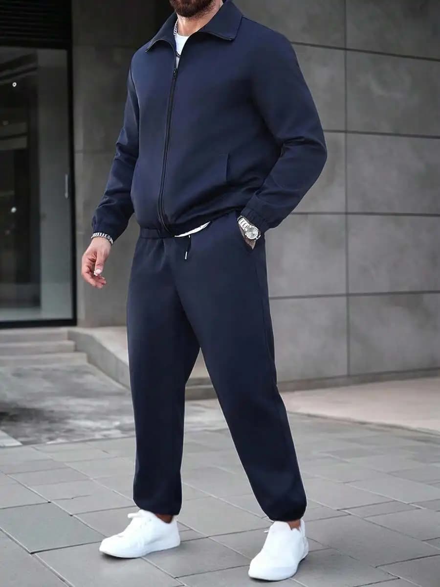 Set giacca blu con zip e pantaloni jogger con elastico in vita per uomo, abbigliamento casual quotidiano, autunno primavera