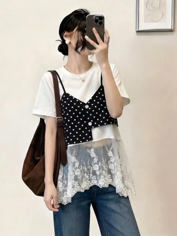Summer New Polka Dot Splice Short Sleeve T Shirt Women's Lace Shoulder Bum Curtain Medium Length Top Korean Style Commute