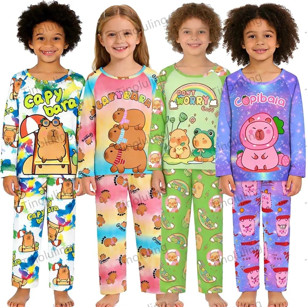 Abbigliamento per la casa per bambini Vestiti per ragazze Pigiama a maniche lunghe per bambini Set Capybara Anime Boutique Pigiama per bambini per ragazzi Pigiama per adolescenti