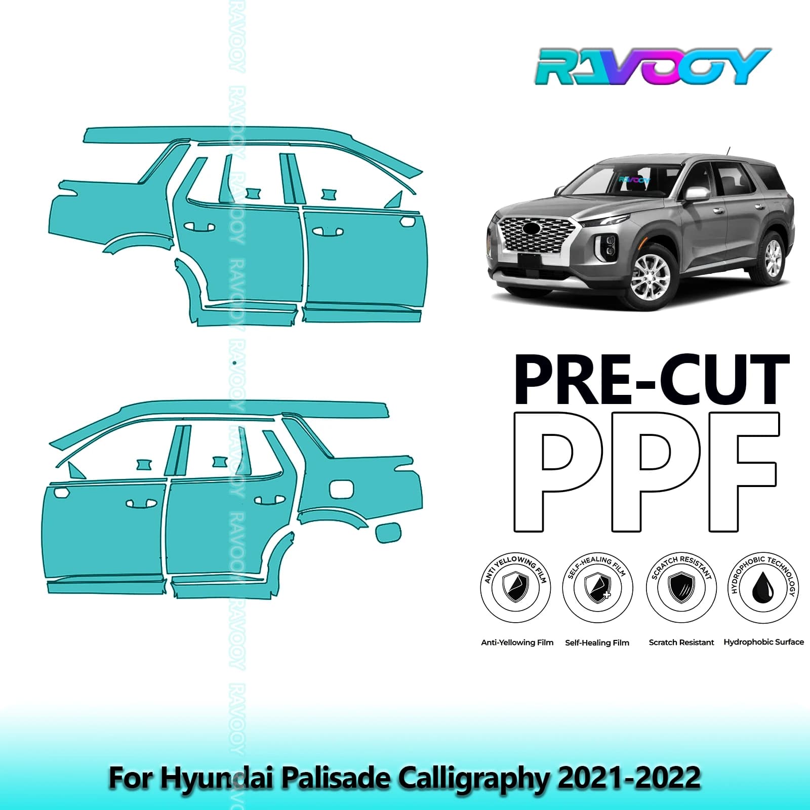 For Hyundai Palisade Calligraphy 2021-2022 8.5mil Clear Matte Pre-Cut PPF Door & A/B Pillar Kit TPU Paint Protection Film Set