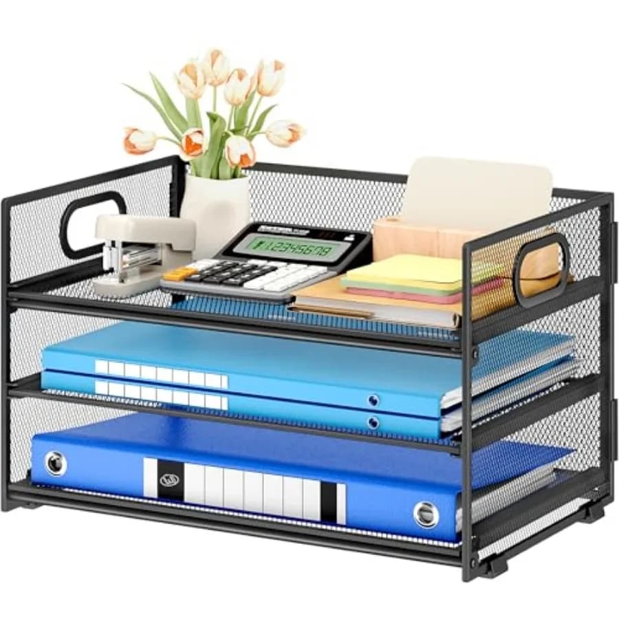 3 Tier Paper Letter Tray Organizer for Desk, Black Metal Mesh Desk File Folder Sorter Organizer with Handle and Sliding Tray fo