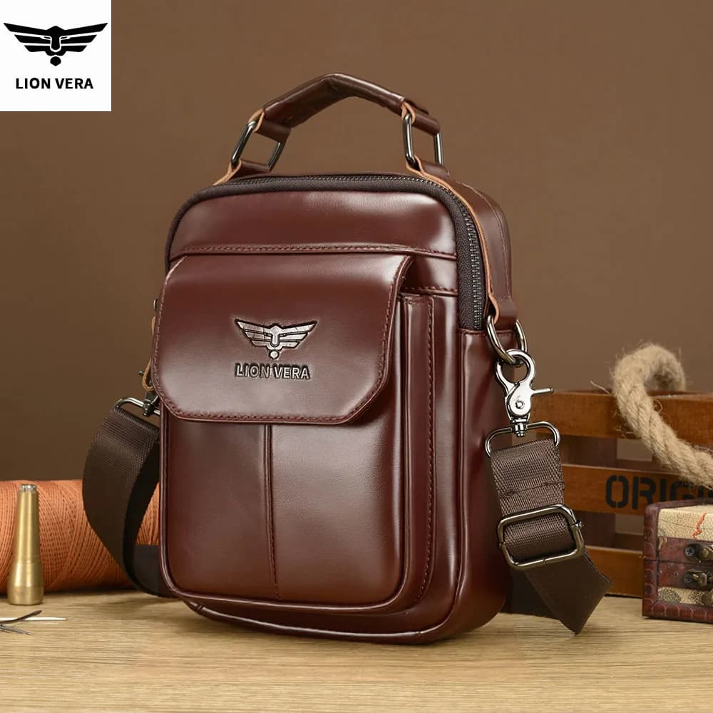 LION VERA Men's Genuine Leather Shoulder Bag Multifunctional 7.6-inch Tablet Handbag Retro Casual Crossbody Bag Cowhide