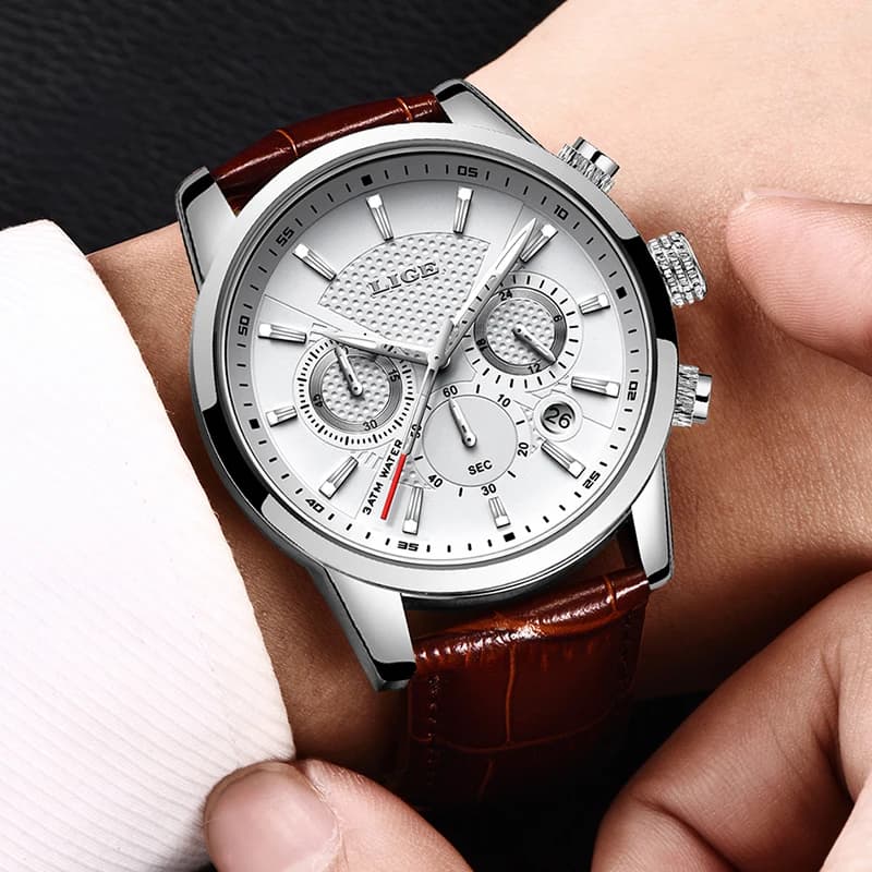 Orologio da uomo LIGE, lussuoso, alla moda, in pelle, al quarzo, per uomo d'affari, casual, sportivo, impermeabile, con data automatica e cronografo.
