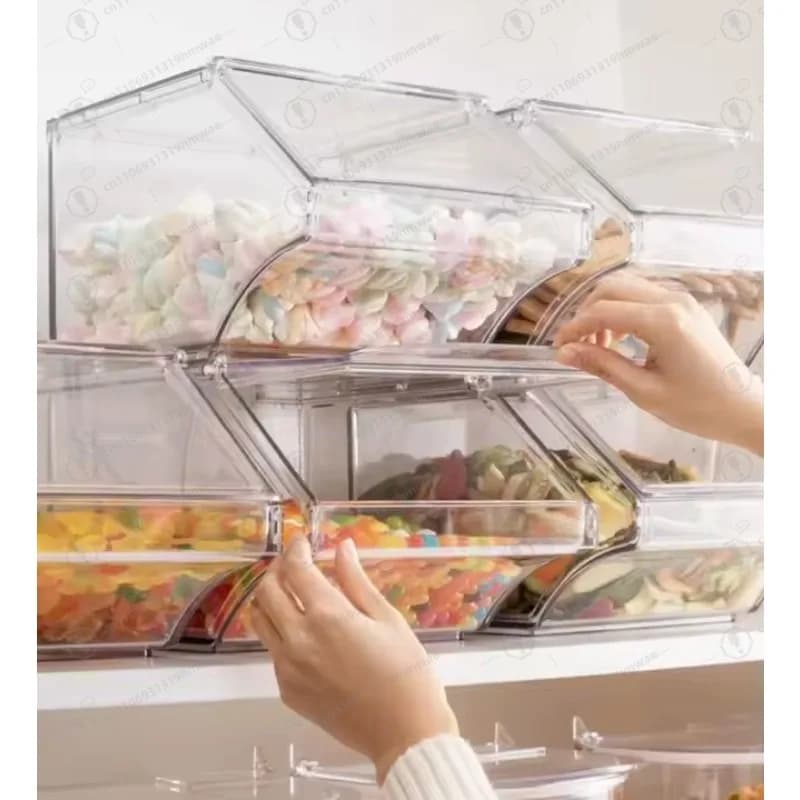 Scatola per esposizione del supermercato Scatola per snack in plastica trasparente push-pull per frutta secca e caramelle