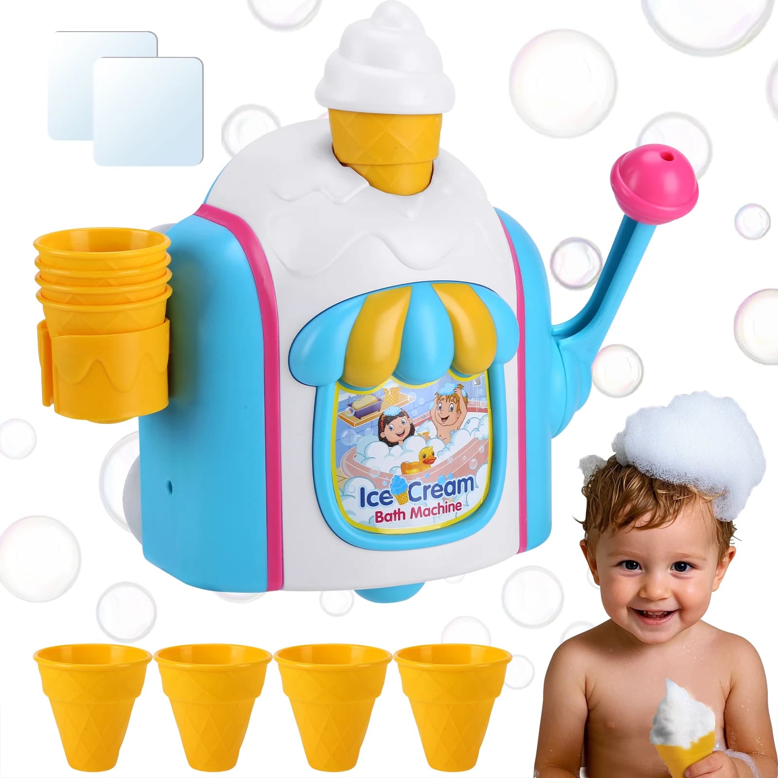 Macchina per gelato a bolle con due adesivi nano e cinque secchielli per gelato, macchina per gelato a bolle Jingpu Candy Color, giocattoli da bagno per bambini