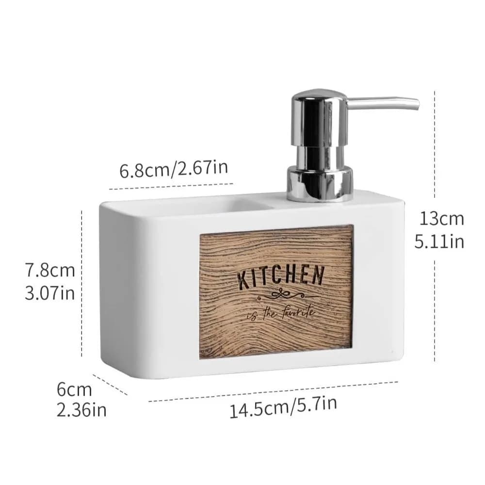 Press Type Kitchen Soap Dispenser with Sponge Holder Refillable Liquid Soap Container Wood Grain Bathroom Hand Wash Bottle