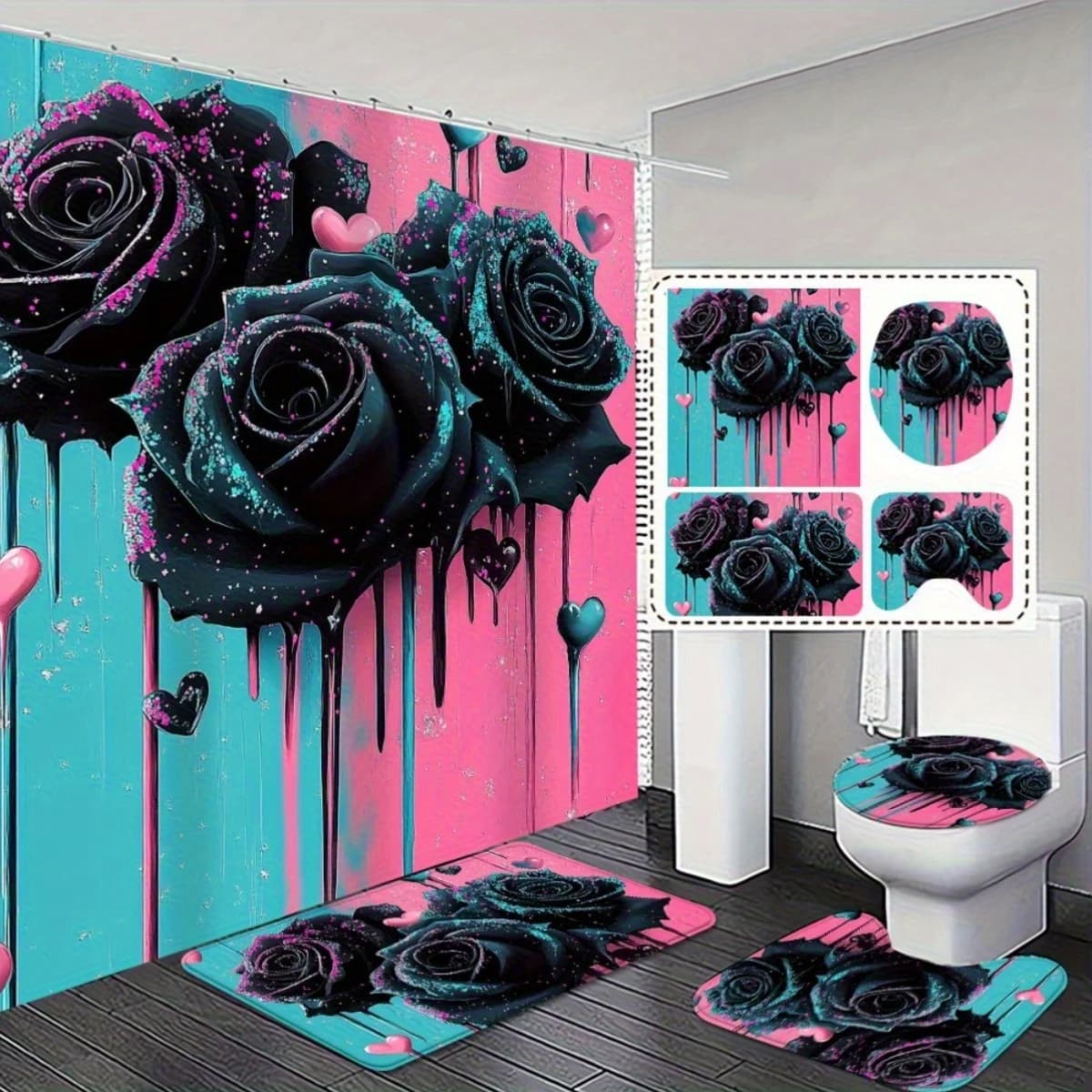 4 pezzi. Elegante e splendido set di tende da doccia con rosa nera ed tappetino da bagno antiscivolo: perfetto per l'arredamento del bagno moderno