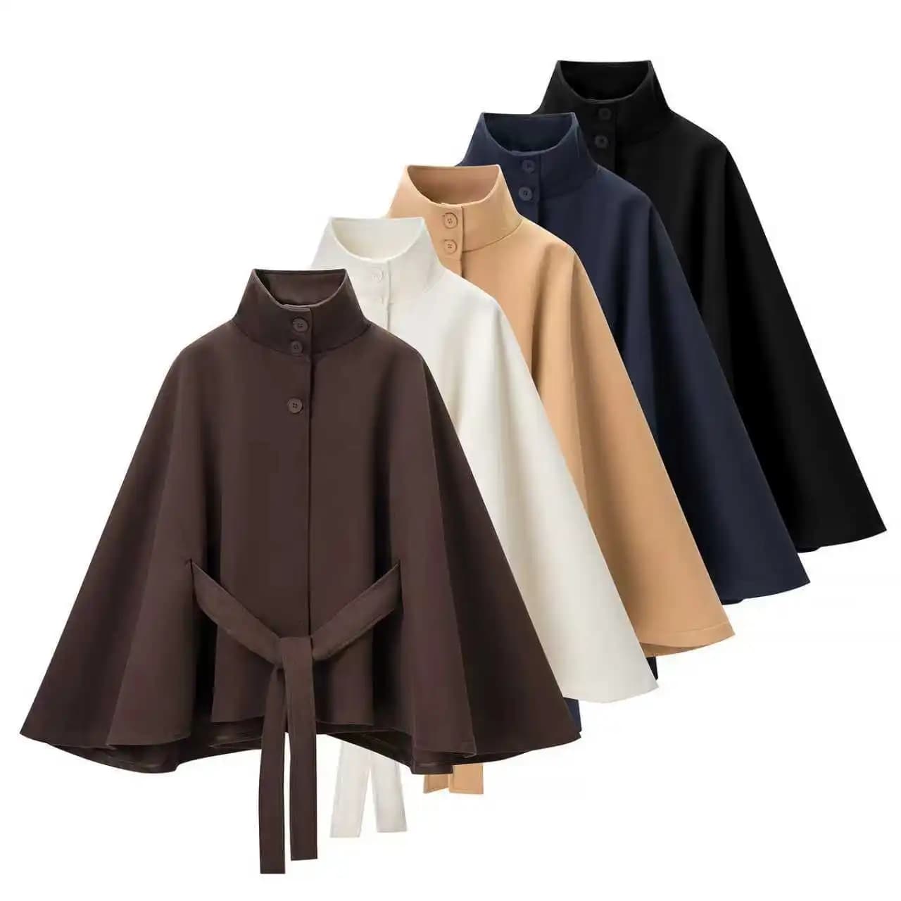 KIDCRKJ Cappotto Primaverile da Donna con Lacci, Giacca a Collo Alto in Finta Lana, Mantella Elegante e Calda per Signora