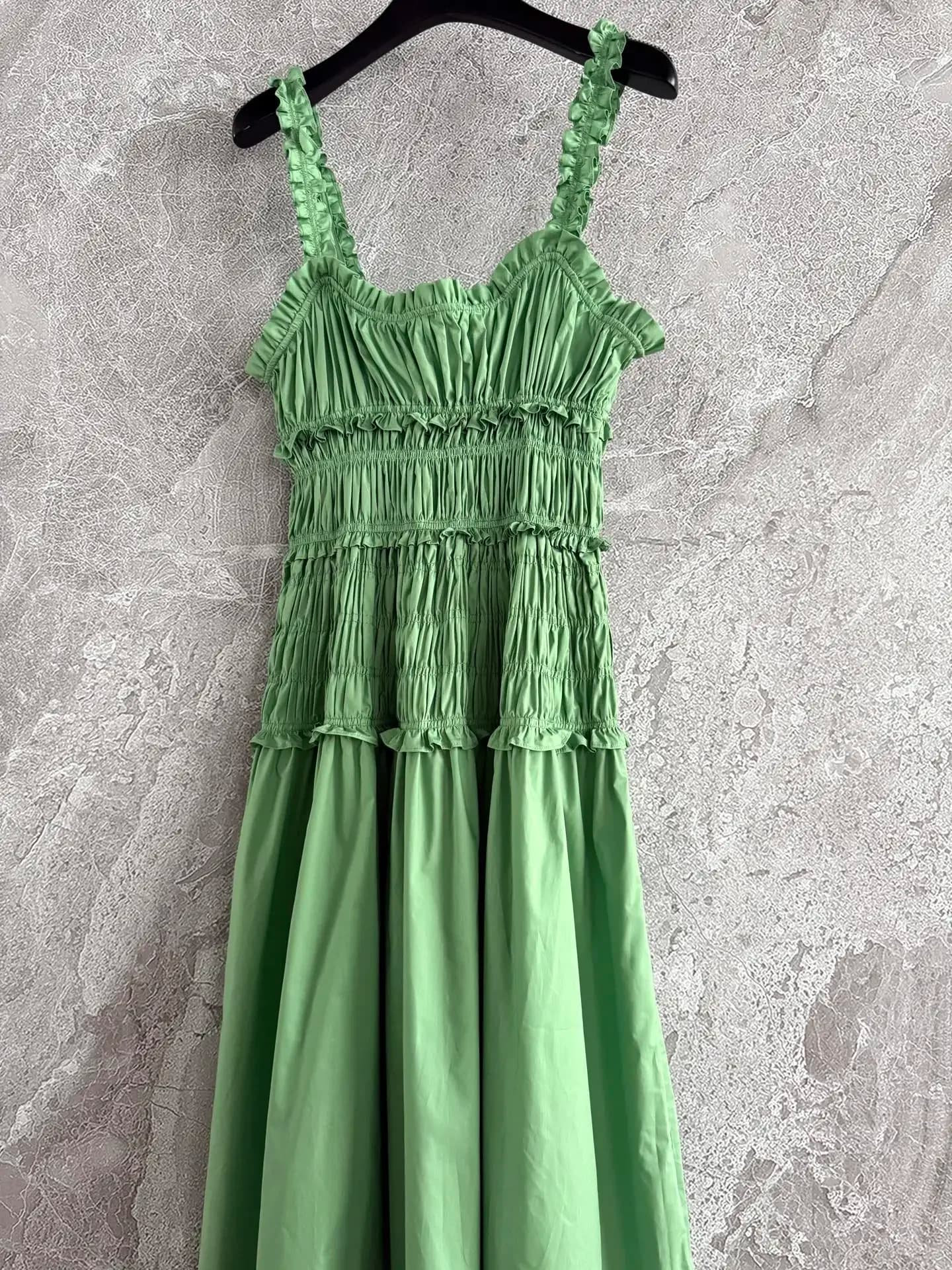 2025 New Women's Green Sling Long Dress Increpatures Elastic Square Collection in Solid Color Life Elegant Ladies 100% Cotton Dress