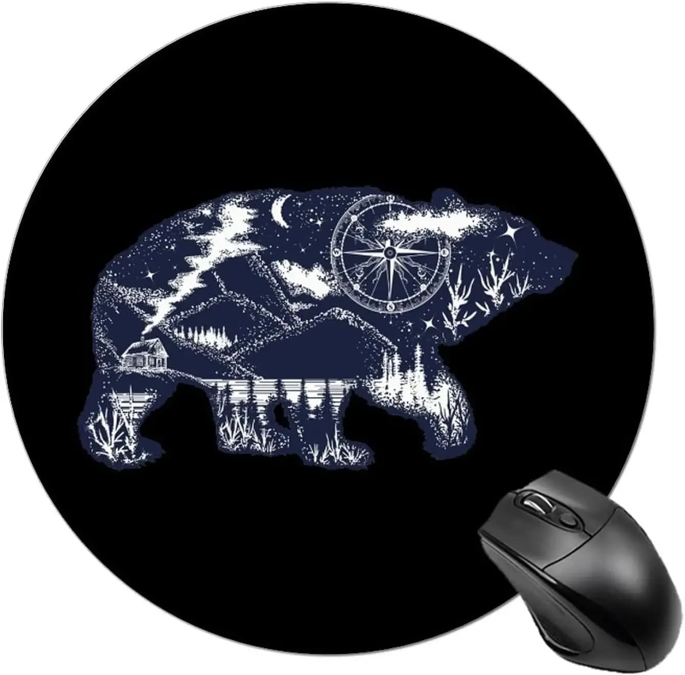 Round mouse pad Bear Mountain Tattoo Art Cute mouse pad Anti-slip mouse pad for home office laptop games 7.9 × 7.9 inch