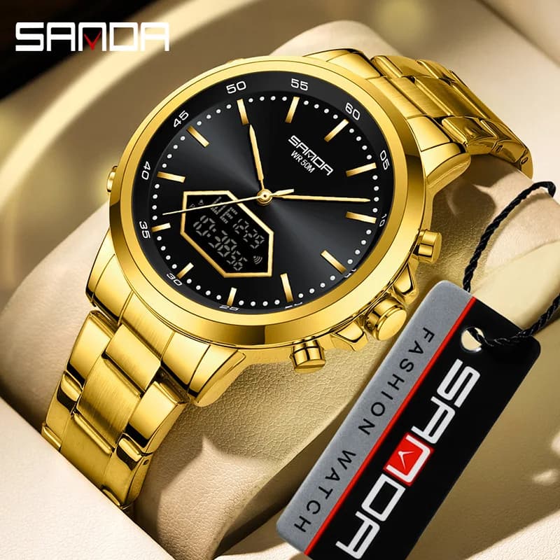SANDA Orologio elettronico al quarzo da uomo con doppio display, calendario multifunzionale, cronometraggio, luce notturna, orologio sportivo da lavoro impermeabile