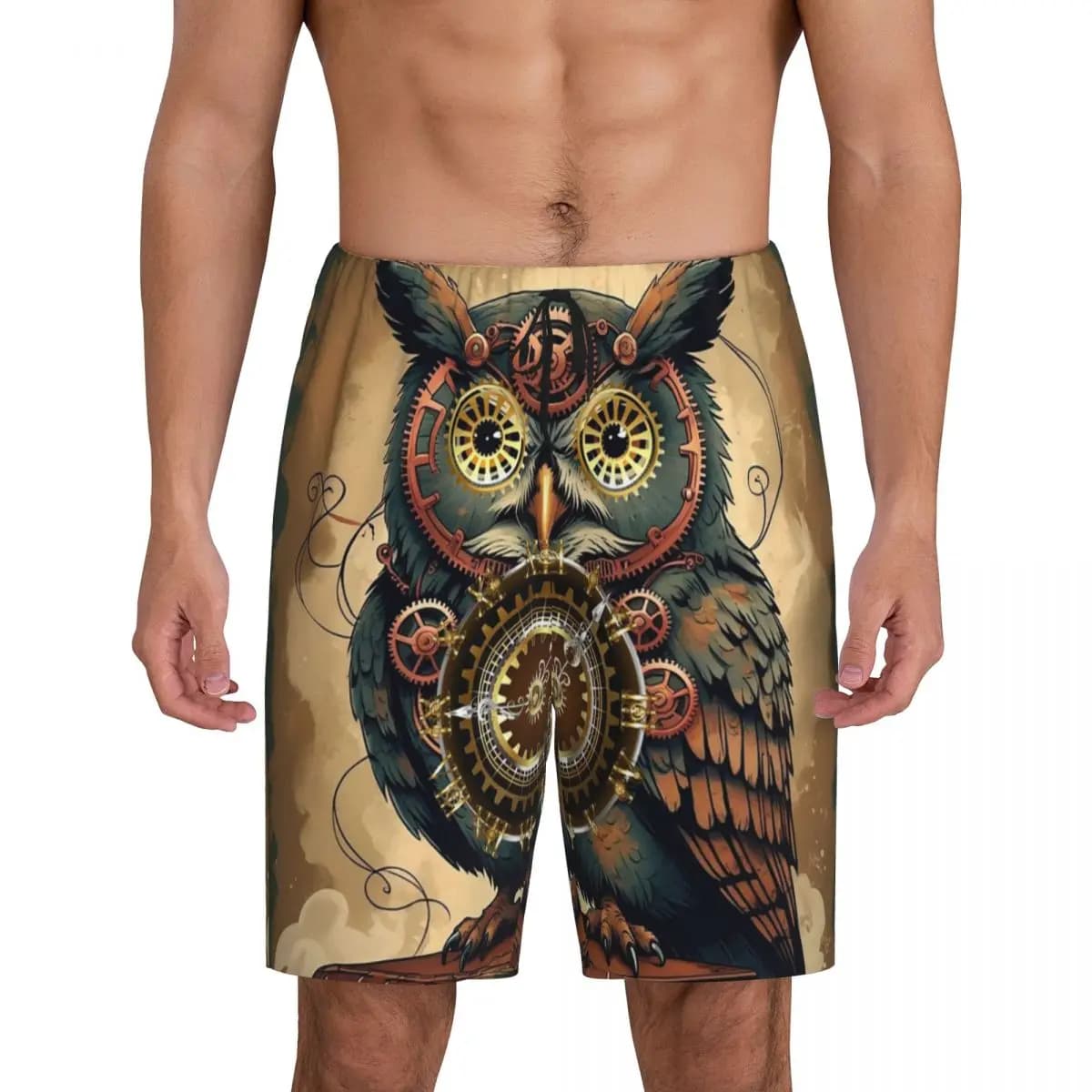 Custom Steampunk Owl With Clock And Gears Short Pajama Pants Men Sleepwear Sleep Lounge Bottom Shorts Sleeping Pants