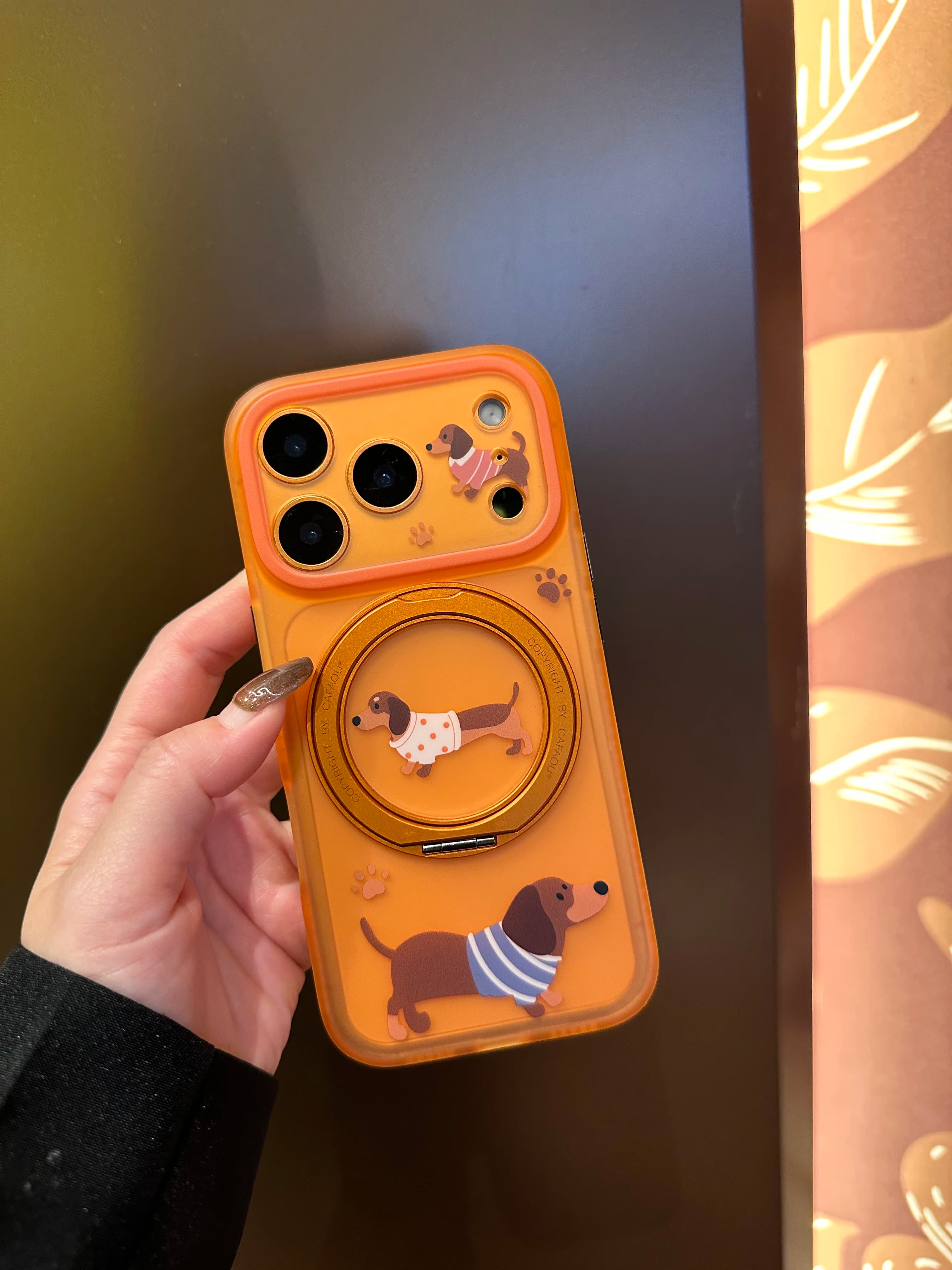 Animated Carton Dachshund 360 ° Protective Case Anti-Caduta Woven with Magnetic Ring Swivel for iPhone 17 16 15 Pro Max
