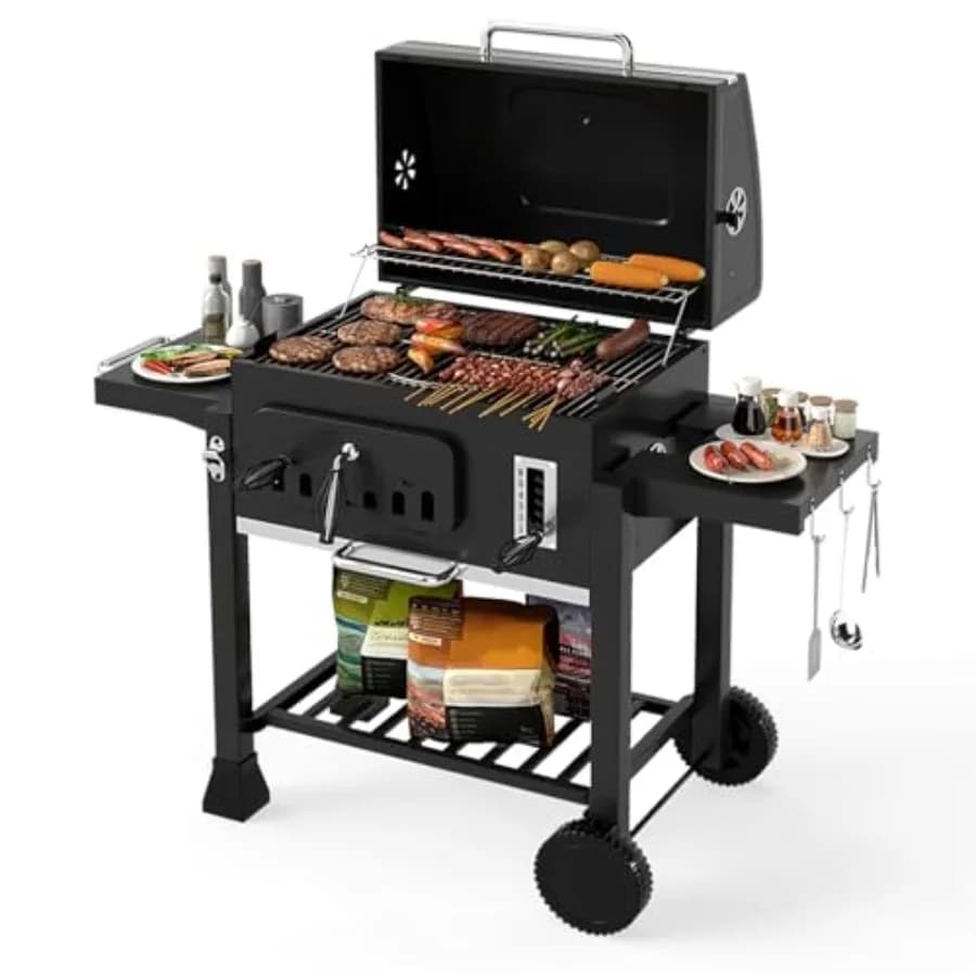 24 Inch Carbon Grill with Adjustable Tray, Thermometer, Folding Side Tables and Drawing Ash for Barbecue open