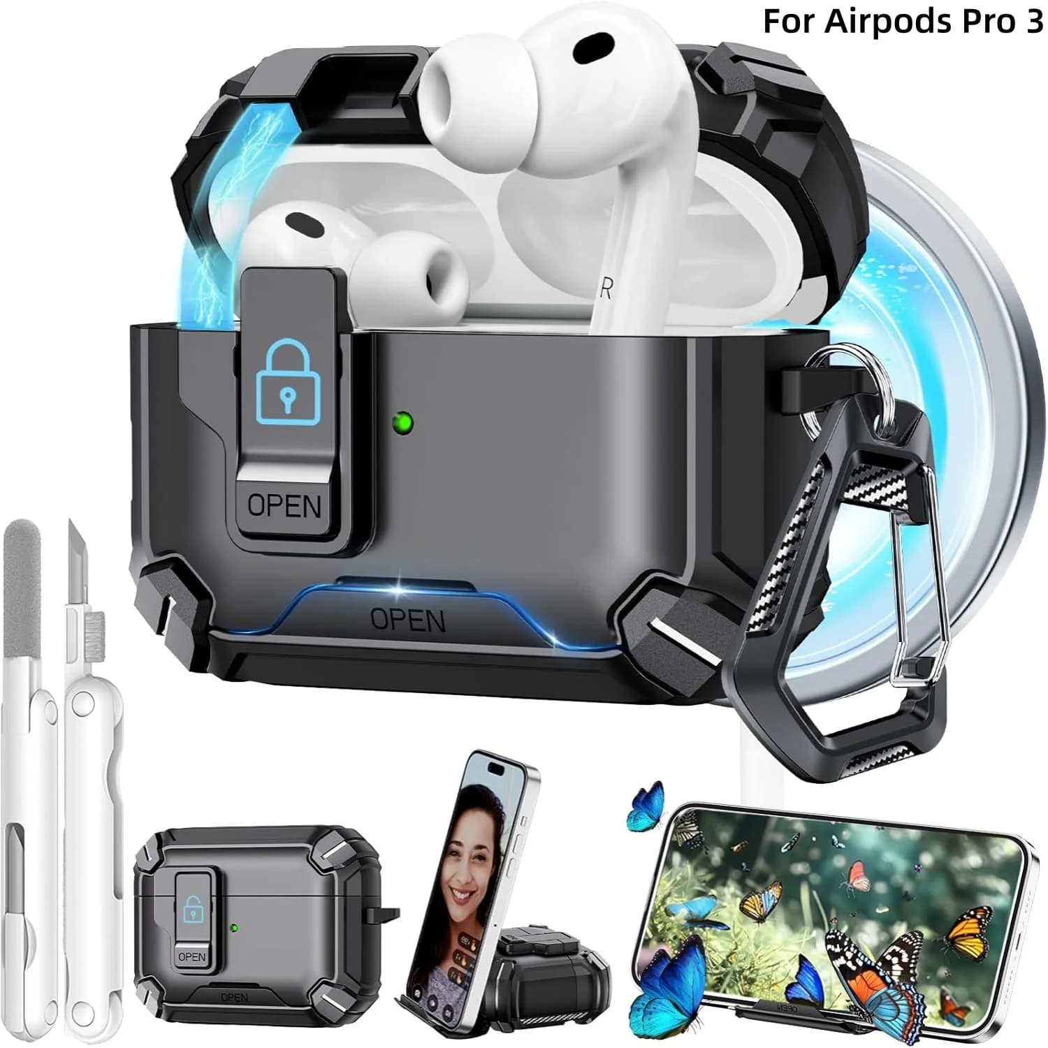 Custodia per AirPods Pro 3 con Blocco di Sicurezza e Supporto per Telefono, Design per AirPods Pro 3a Generazione, con Kit di Pulizia e Portachiavi
