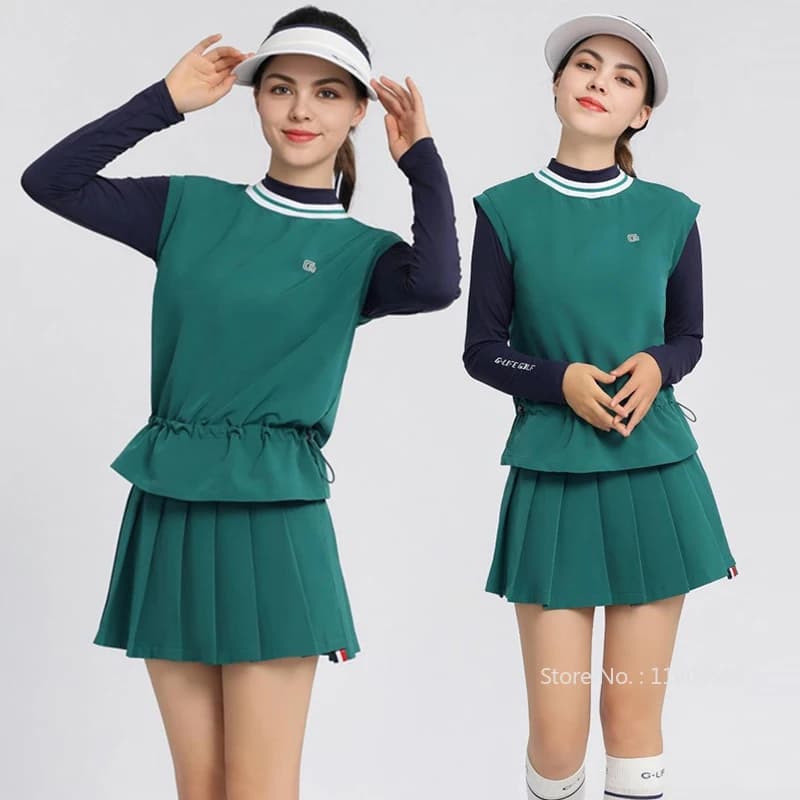 G-LIFE Golf Nuove donne Gilet Primavera Autunno Senza maniche Slim Top Coulisse in vita Camicie sottili Gonna a pieghe Donna Casual Skorts
