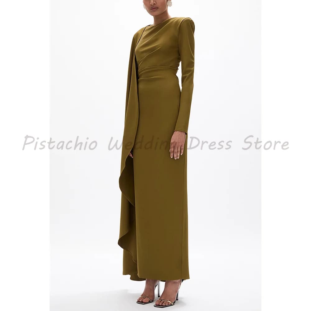 Olive Green Midi Evening Dress Draped Cowl Neck Padded Shoulder Long Sleeve Side Cape Train Bodycon Formal Wedding Guest Gown