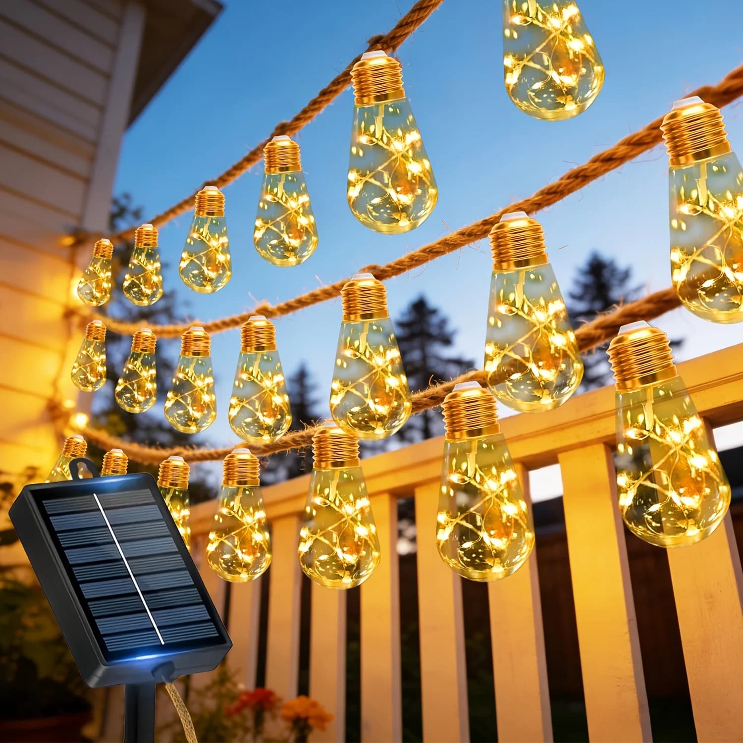 Solar Lights Retro a Corda in Hemp - Intelligent Automatic Switching / Switching + 3 Colors of Light (Bianco/Caldo/Multicolore) for a Magic Garden!