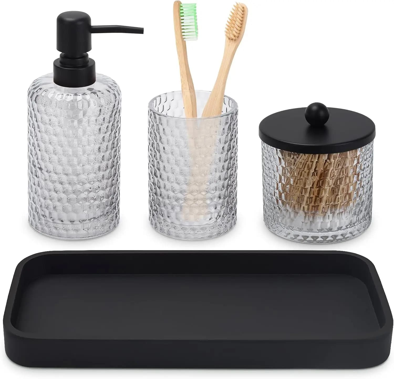 Set da Bagno in Vetro Trasparente a 4 Pezzi con Vassoio in Resina: Dispenser Sapone, Porta Spazzolini, Contenitore per Bastoncini e Organizzatore