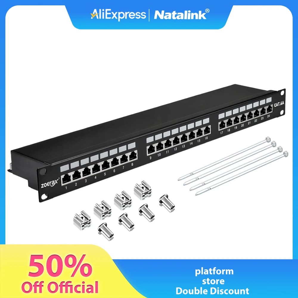 Natalink Pannello patch schermato CAT6A a 24 porte RJ45 CAT6A CAT6 CAT5E CAT5 Organizzatore di cavi integrato di rete Pannello patch da 19 pollici 1U