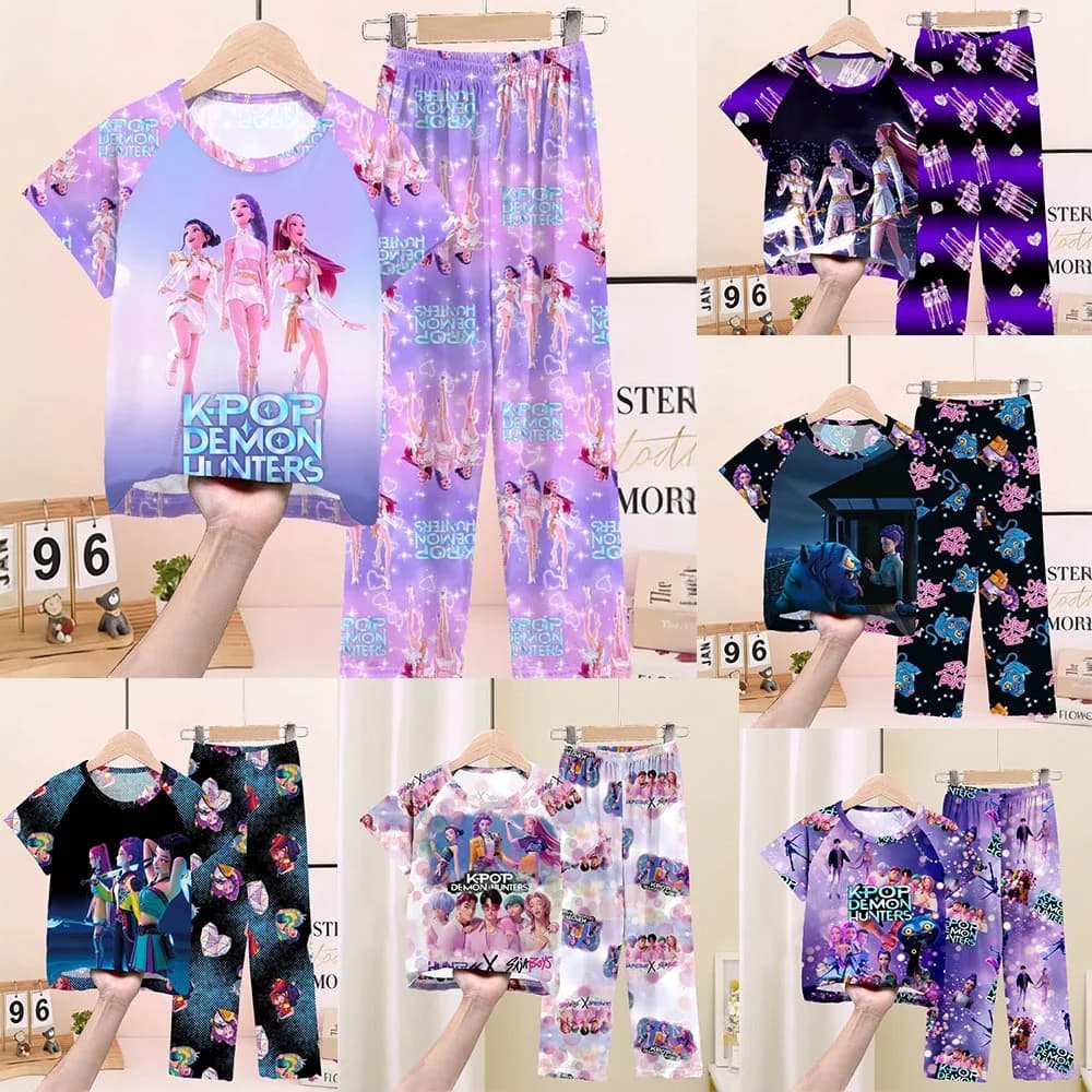 Pigiami Estivi per Bambini con Top Corto e Pantaloni Lunghi, Set KPop Demon Hunters, Abbigliamento da Notte per Bambine
