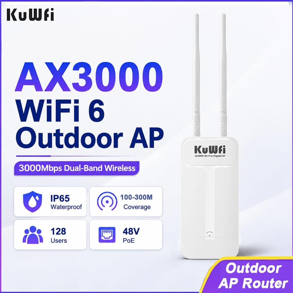 KuWFi AX3000 Outdoor AP Router 2.4G/5G Dual Band Wi-Fi 6 High Gain Antenna Signal Coverage Gigabit WAN LAN Support AP/Repeater