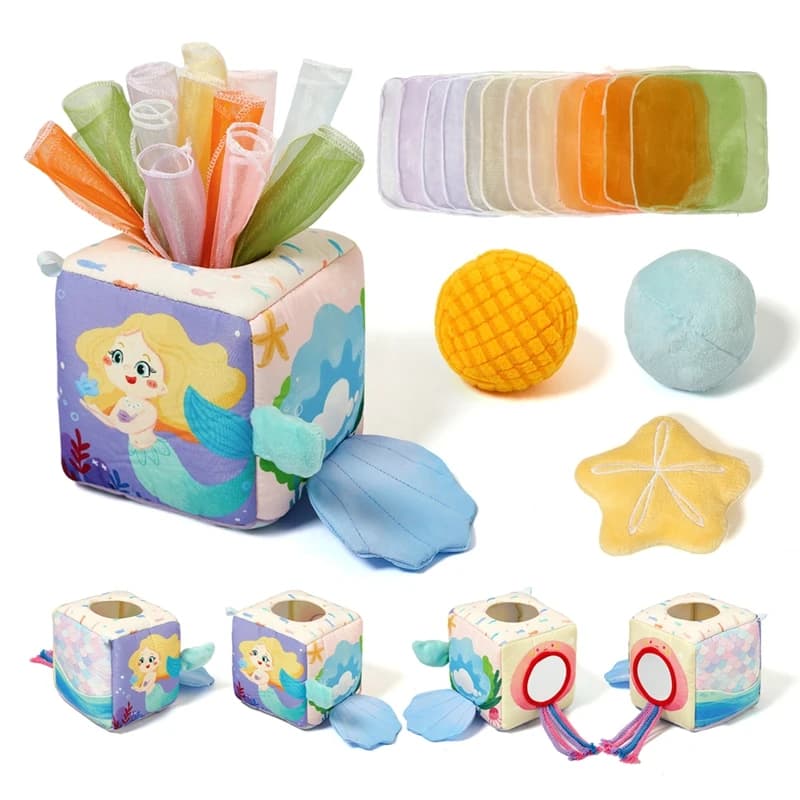 Giocattolo Montessori per bambini Scatola per fazzoletti magici in cotone Esercizio per le dita Gioco da tavolo occupato Libro di stoffa Sirena dei cartoni animati Puzzle Giocattolo Regali per ragazze