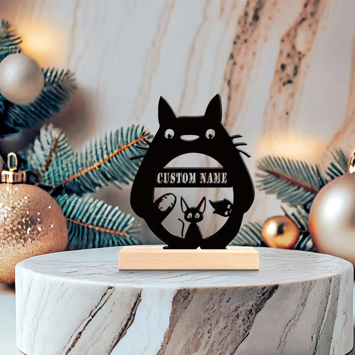 1Pc Custom Name Cute Cat Wooden Base Metal Ornament,Home Room Desktop Decor,Ideal Birthday Wedding Graduation Festive Gift