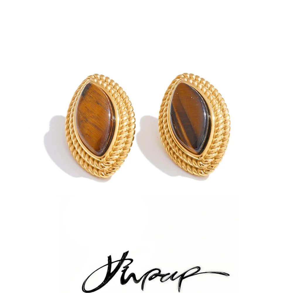 Orecchini a perno Yhpup in acciaio inossidabile con pietra naturale occhio di tigre da donna, placcati in PVD color oro 18K, gioielli impermeabili popolari 2026