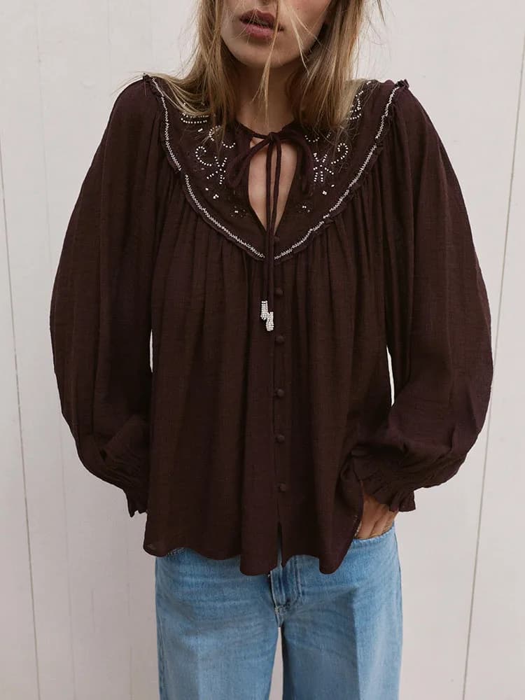 Nuova Collezione Invernale 2025: Camicia Casual da Donna con Ricami e Perline, Abbigliamento Etnico, Tunica Elegante per Spettacoli