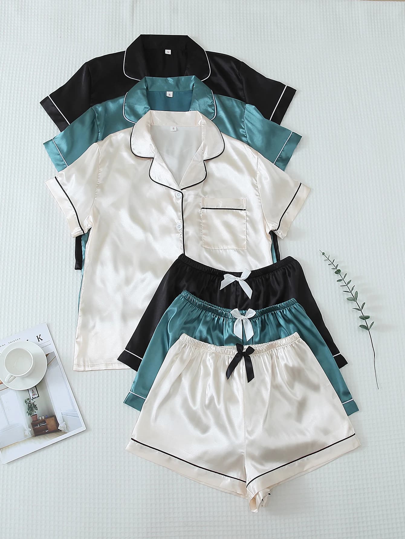 Three-Piece Satin Solid Color Satin Lapel Short-Sleeve Top with Pockets and Bow Shorts Women's Pajama Loungewear Set Suitable for Home Use