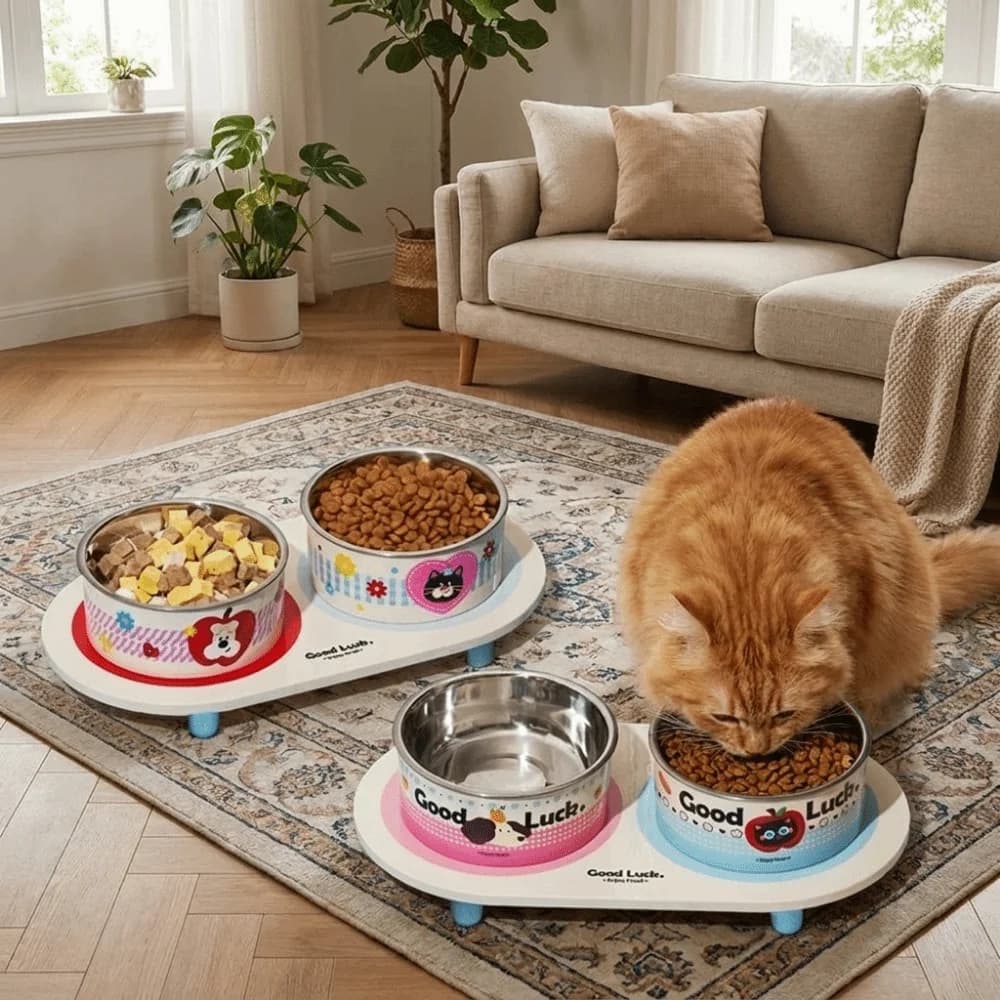 Stainless Steel Double Cat Bowl Large Capacity Neck Protection Elevated Pet Food Bowl Non-Slip Cartoon Cat Water Bowl Food Water