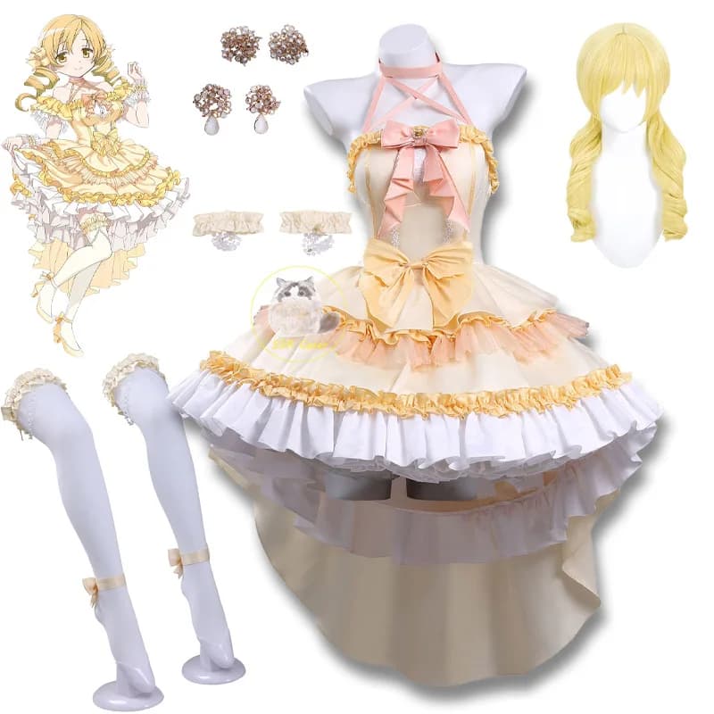 Costume Cosplay Anime Puella Magi Madoka Magica, Abito Giallo di Tomoe Mami, Costume da Palcoscenico con Parrucca per Festa di Halloween per Donne