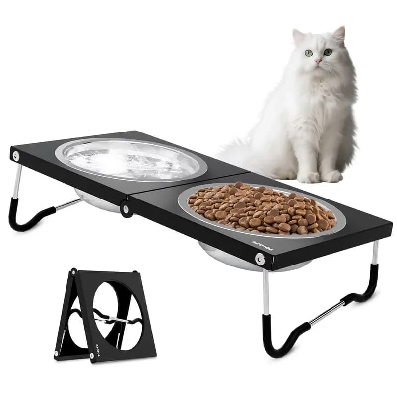 Stainless Steel Durable Foldable 2-Bowl Elevated Cat Bowl Stand Lightweight Pet Feeder Rack for Food and Water Placement