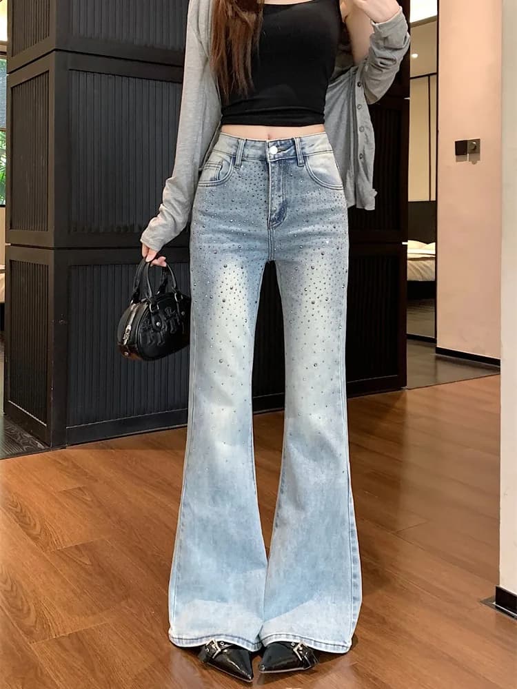 Jeans a Zampa d'Elefante Blu in Denim a Vita Alta da Donna, Pantaloni Primaverili Lavati con Strass, Modello Slim Fit a Tutta Lunghezza