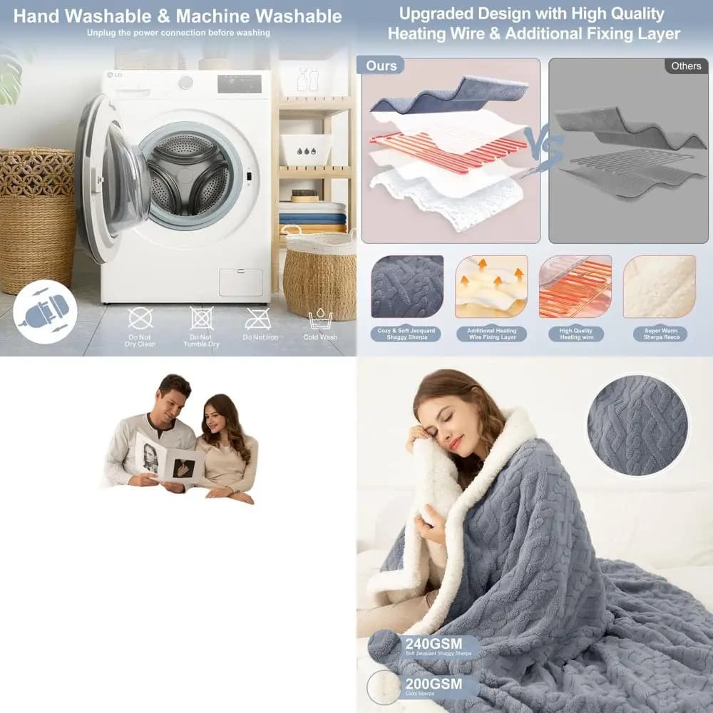 Coperta Elettrica Sherpa Blu Misura Queen 84x90 - Morbida, Spessa, Calda con Doppi Controlli, 5 Livelli di Riscaldamento, Spegnimento Automatico 10 Ore, Protezione da Surriscaldamento
